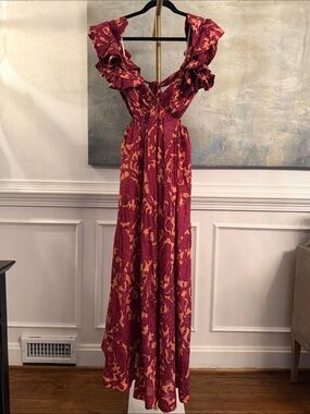 Zimmermann Burgundy and Gold Floral Ruffle Maxi Dress